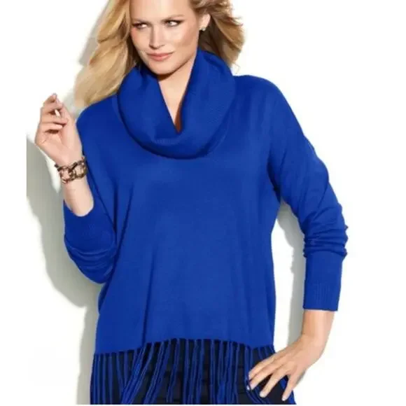 Michael Kors Long Sleeve Drape Cowl Neck Fringe Hem Knit Sweater Blue Women's 0X - Picture 1 of 7